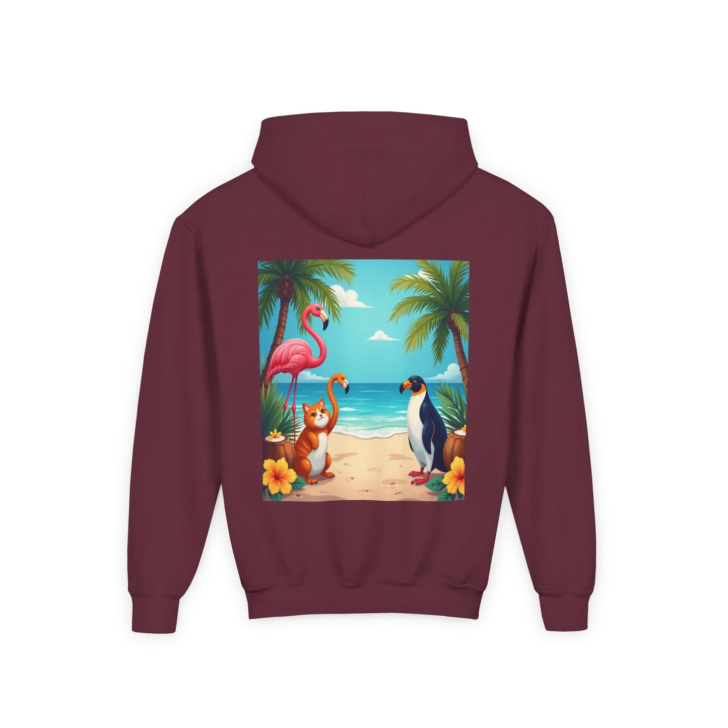 Tropical Youth Hoodie with Flamingos and Beach Scene, Summer Gift for Kids, Fun Vacation Apparel, Cute Animal Sweatshirt, Beach Party Outfit