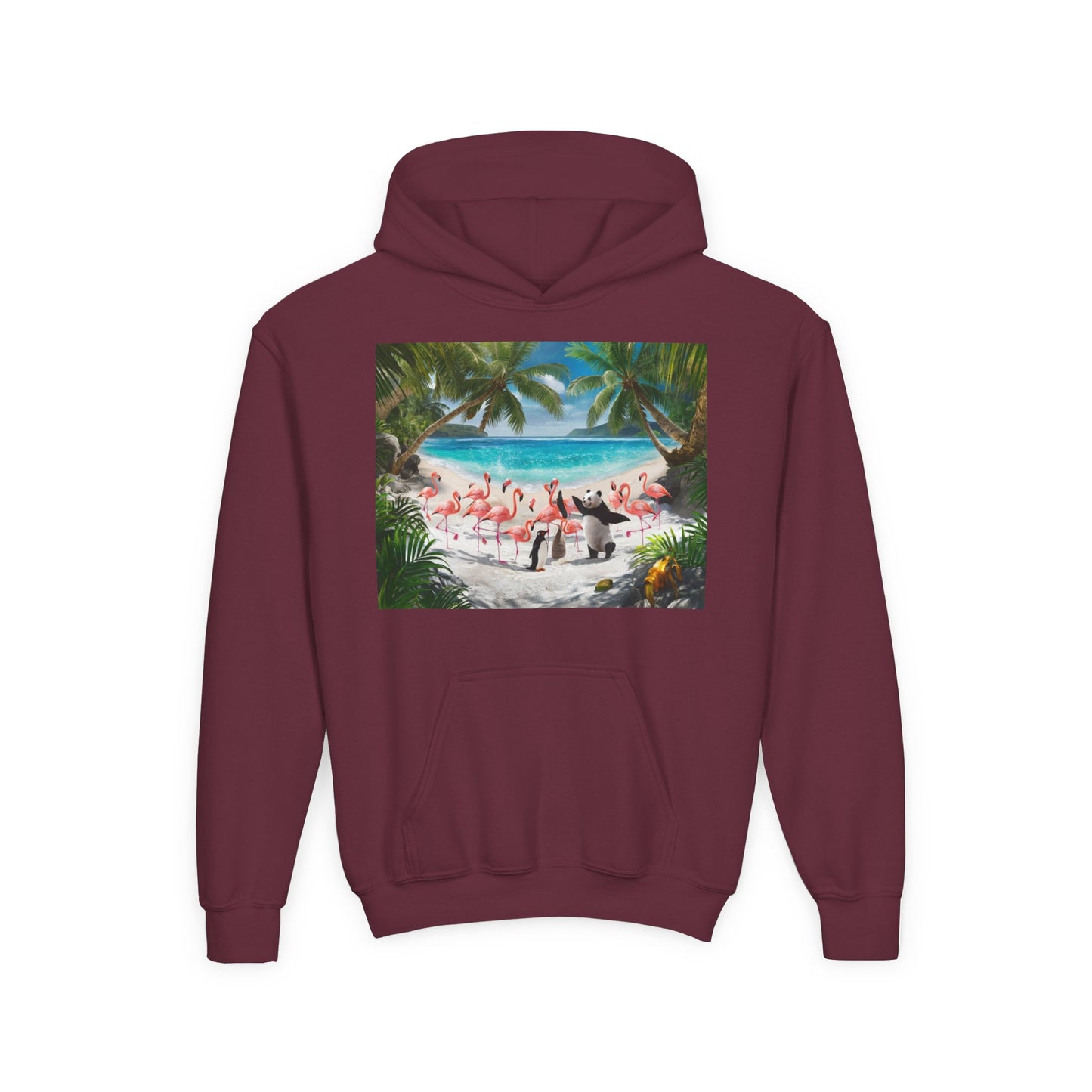 Tropical Youth Hoodie with Flamingos and Beach Scene, Summer Gift for Kids, Fun Vacation Apparel, Cute Animal Sweatshirt, Beach Party Outfit
