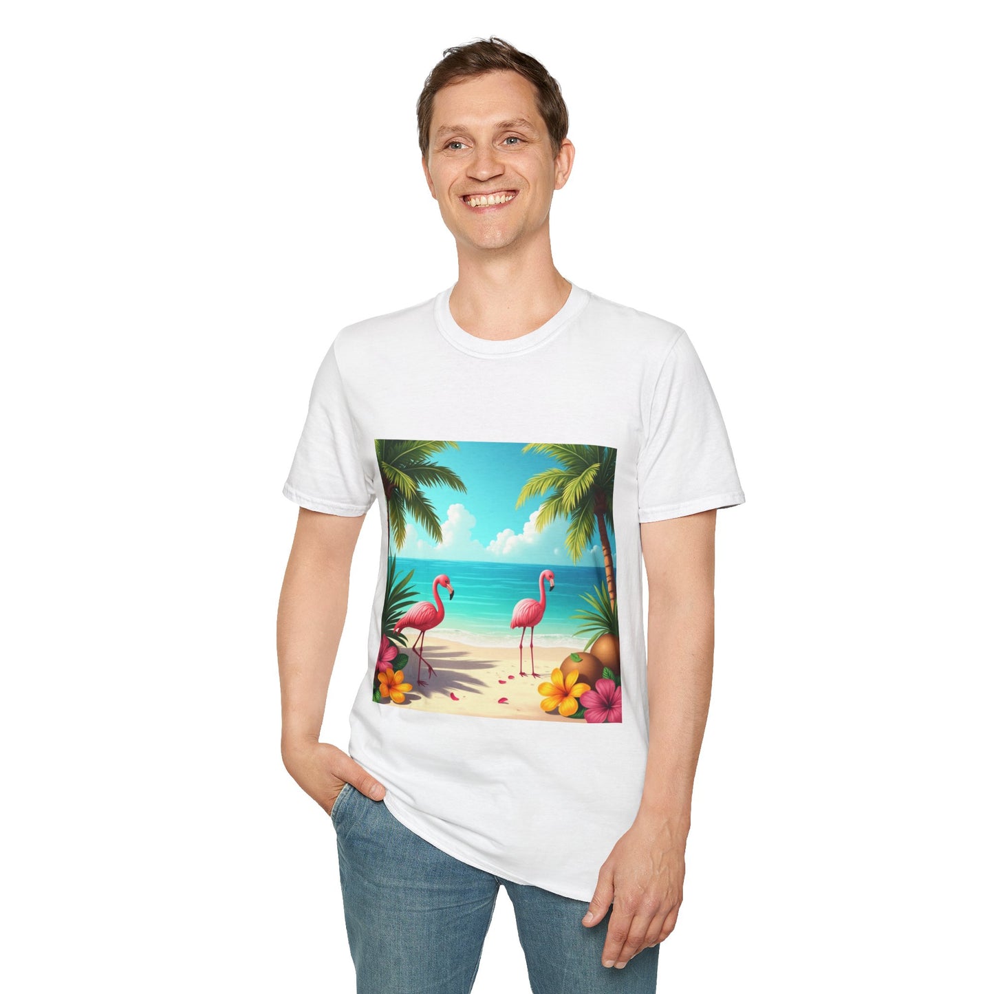 Tropical Flamingo T-Shirt, Unisex Summer Tee, Beach Vibes Apparel, Vacation Wear, Gift for Nature Lovers, Casual Style, Fun Tee