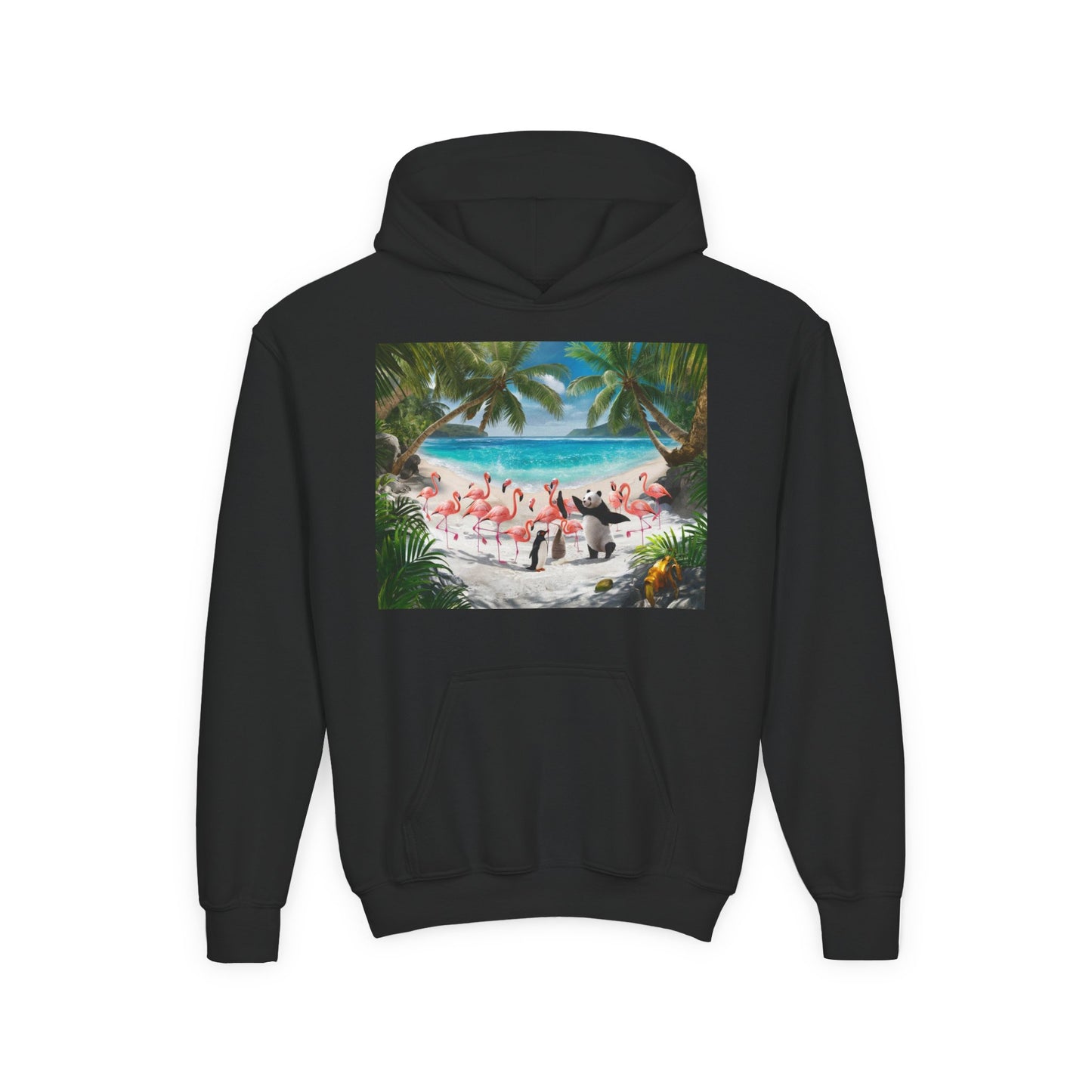 Tropical Youth Hoodie with Flamingos and Beach Scene, Summer Gift for Kids, Fun Vacation Apparel, Cute Animal Sweatshirt, Beach Party Outfit