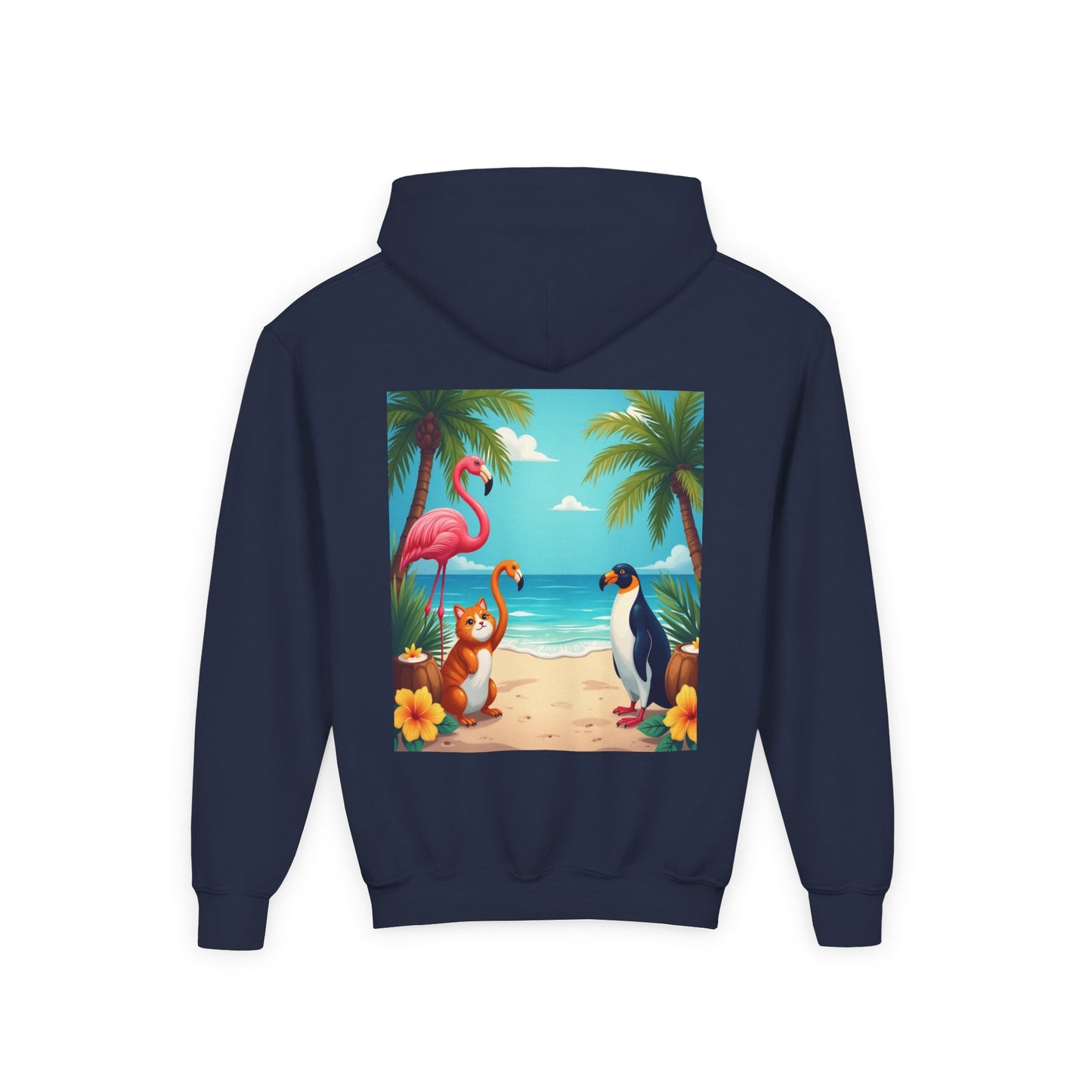 Tropical Youth Hoodie with Flamingos and Beach Scene, Summer Gift for Kids, Fun Vacation Apparel, Cute Animal Sweatshirt, Beach Party Outfit