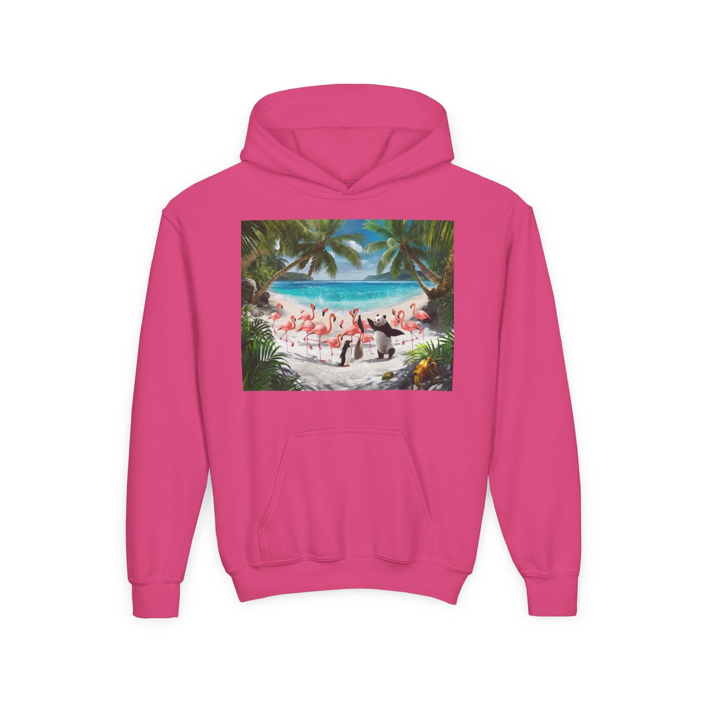 Tropical Youth Hoodie with Flamingos and Beach Scene, Summer Gift for Kids, Fun Vacation Apparel, Cute Animal Sweatshirt, Beach Party Outfit