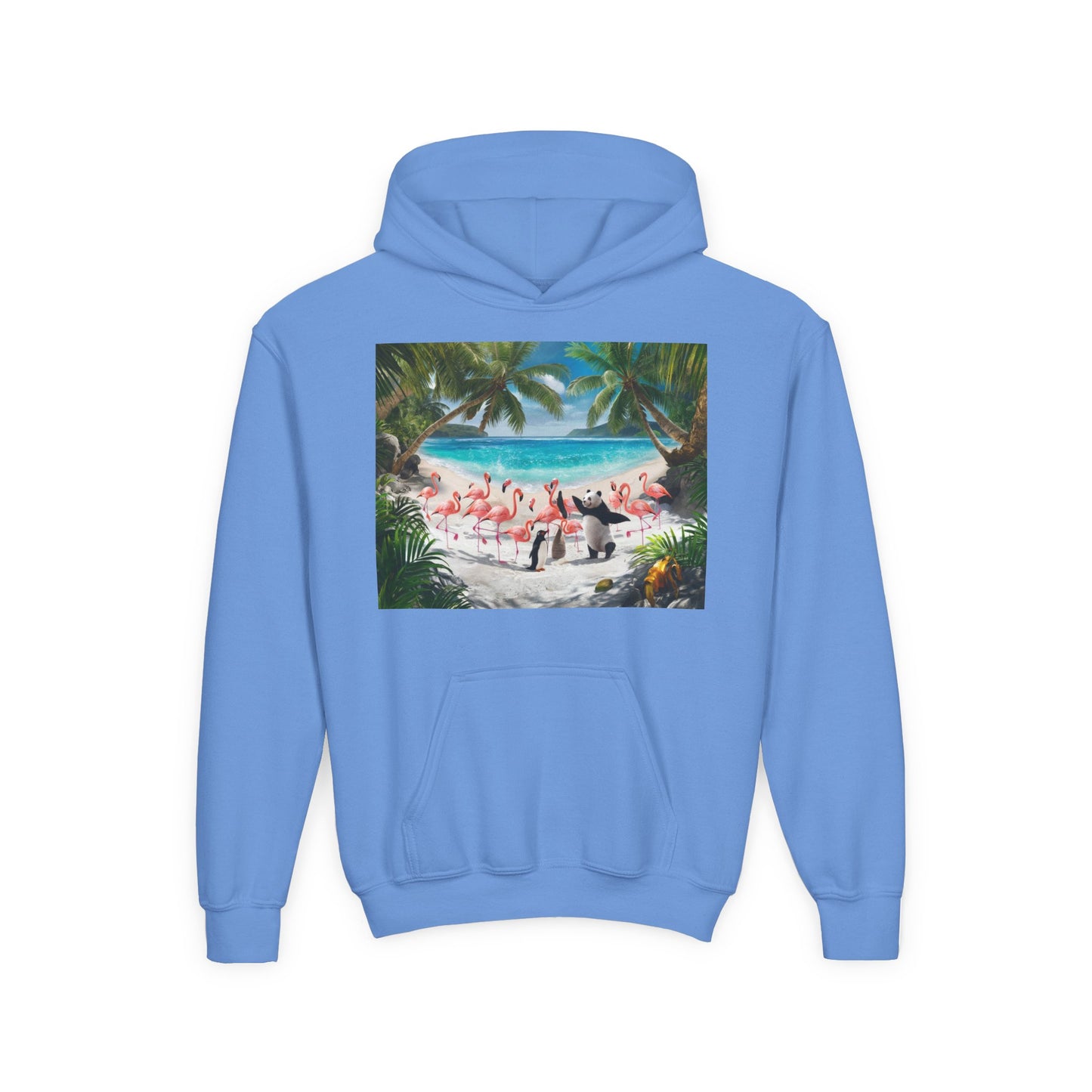 Copy of Tropical Youth Hoodie with Flamingos and Beach Scene, Summer Gift for Kids, Fun Vacation Apparel, Cute Animal Sweatshirt, Beach Party Outfit