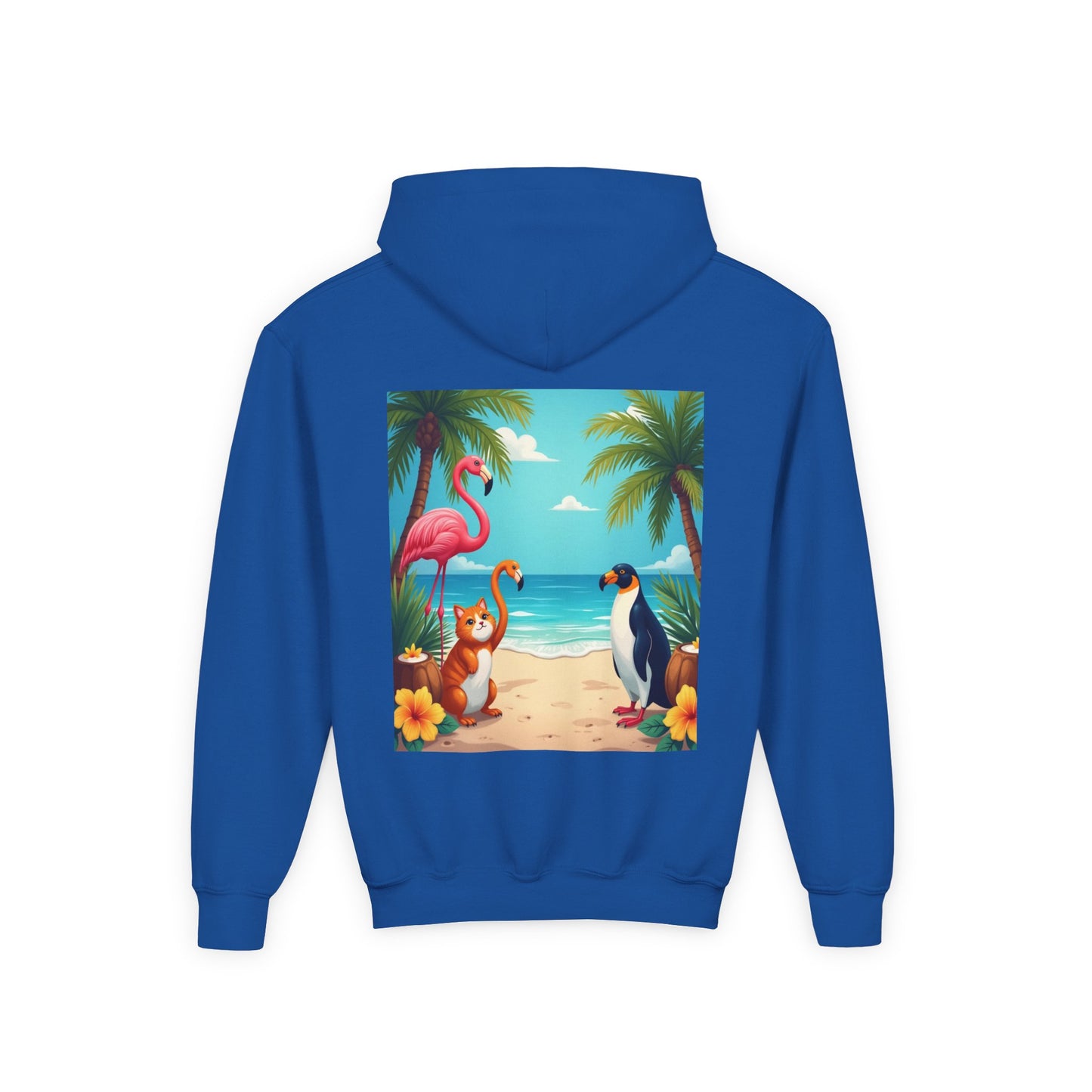 Tropical Youth Hoodie with Flamingos and Beach Scene, Summer Gift for Kids, Fun Vacation Apparel, Cute Animal Sweatshirt, Beach Party Outfit