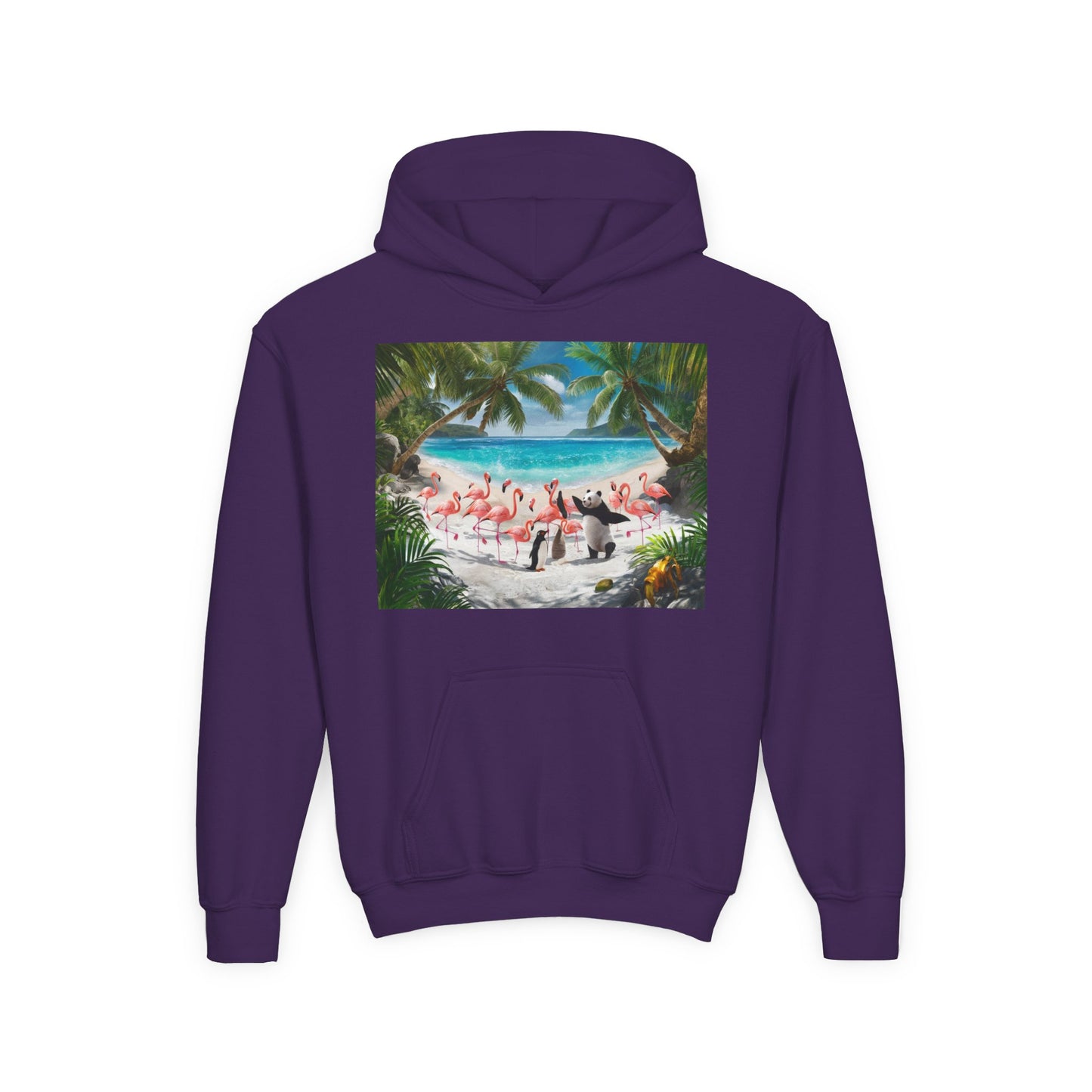 Tropical Youth Hoodie with Flamingos and Beach Scene, Summer Gift for Kids, Fun Vacation Apparel, Cute Animal Sweatshirt, Beach Party Outfit