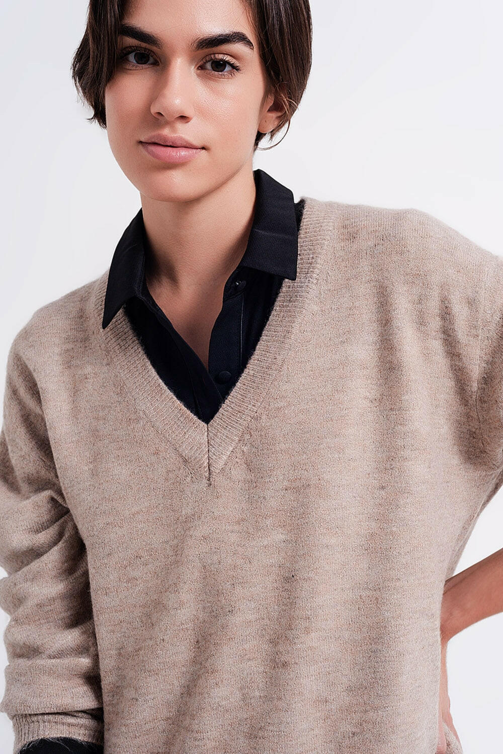 V Neck Jumper in Brown