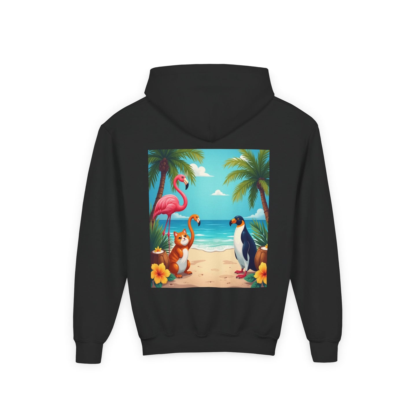 Tropical Youth Hoodie with Flamingos and Beach Scene, Summer Gift for Kids, Fun Vacation Apparel, Cute Animal Sweatshirt, Beach Party Outfit