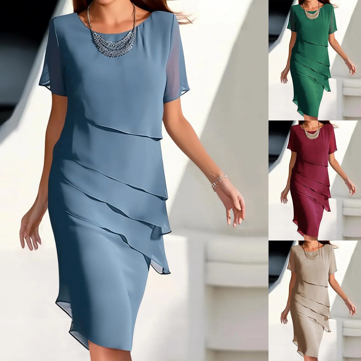 Luxury Women'S Elegant Dress Outfits Women'S Summer Dress Patchwork Chiffon Round Neck Short Vestidos De Fiesta Elegantes 2024