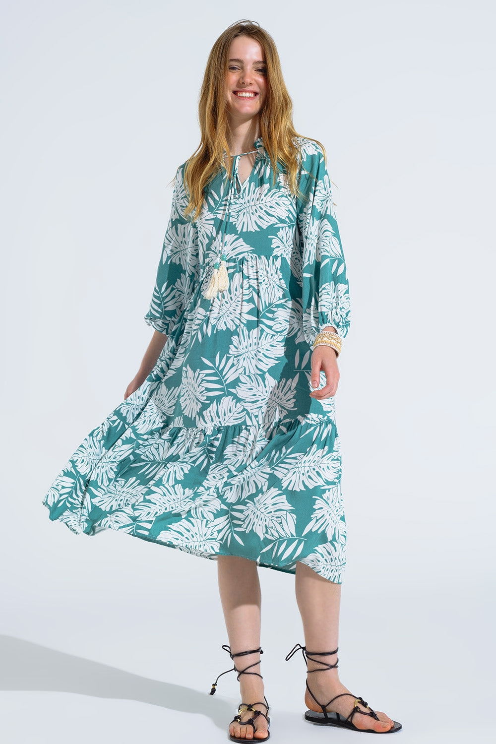Boho Maxi Dress With Balloon Sleeves and Leaf Print in Green