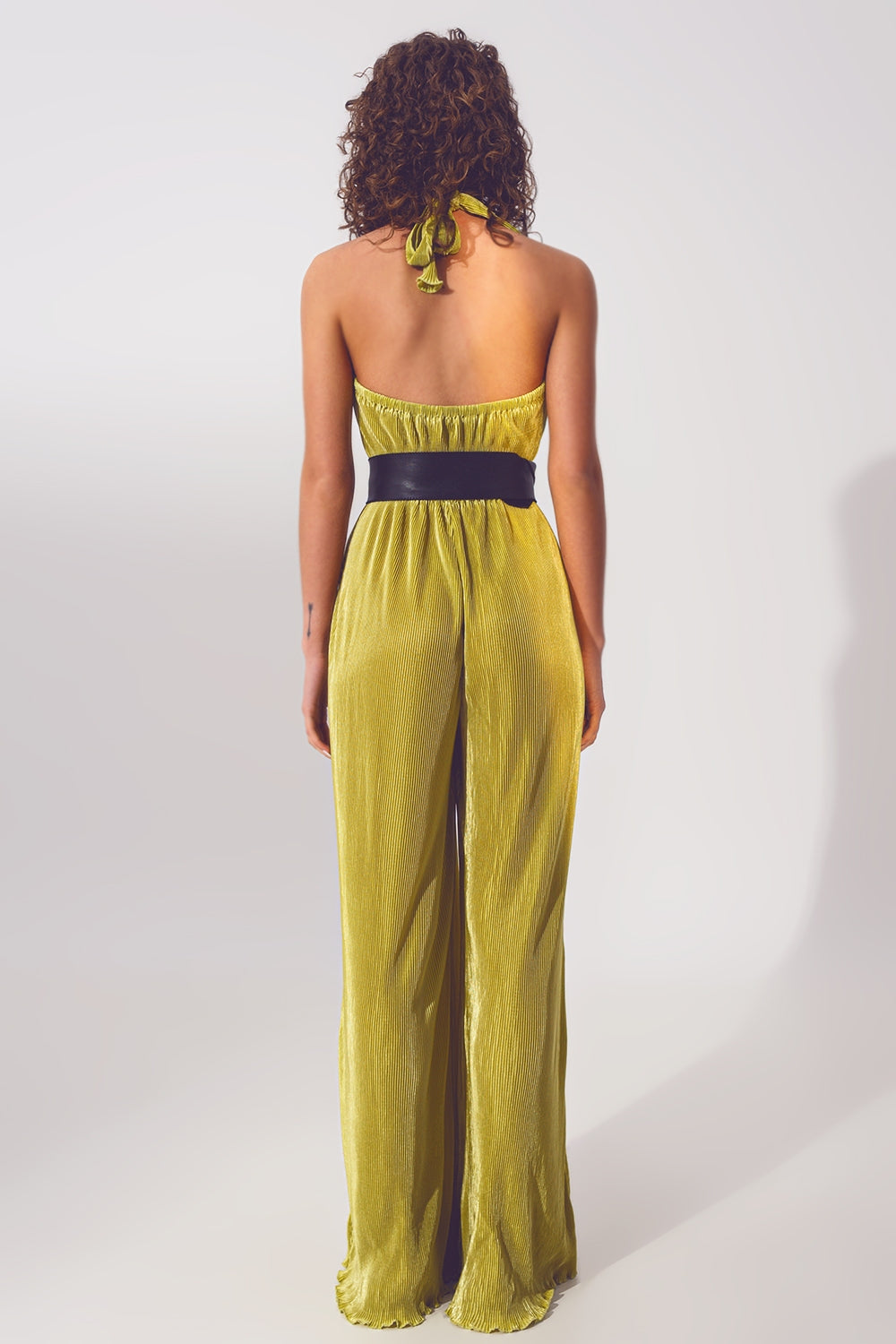 Green Satin Halter Neck Pleated Maxi Jumpsuit