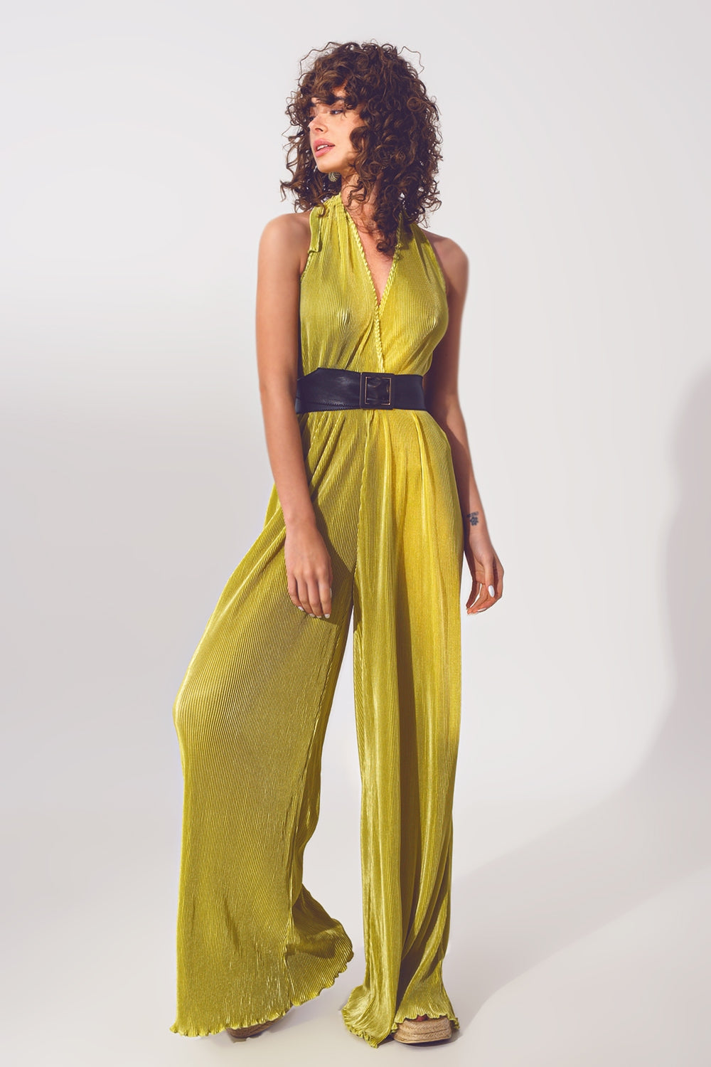 Green Satin Halter Neck Pleated Maxi Jumpsuit