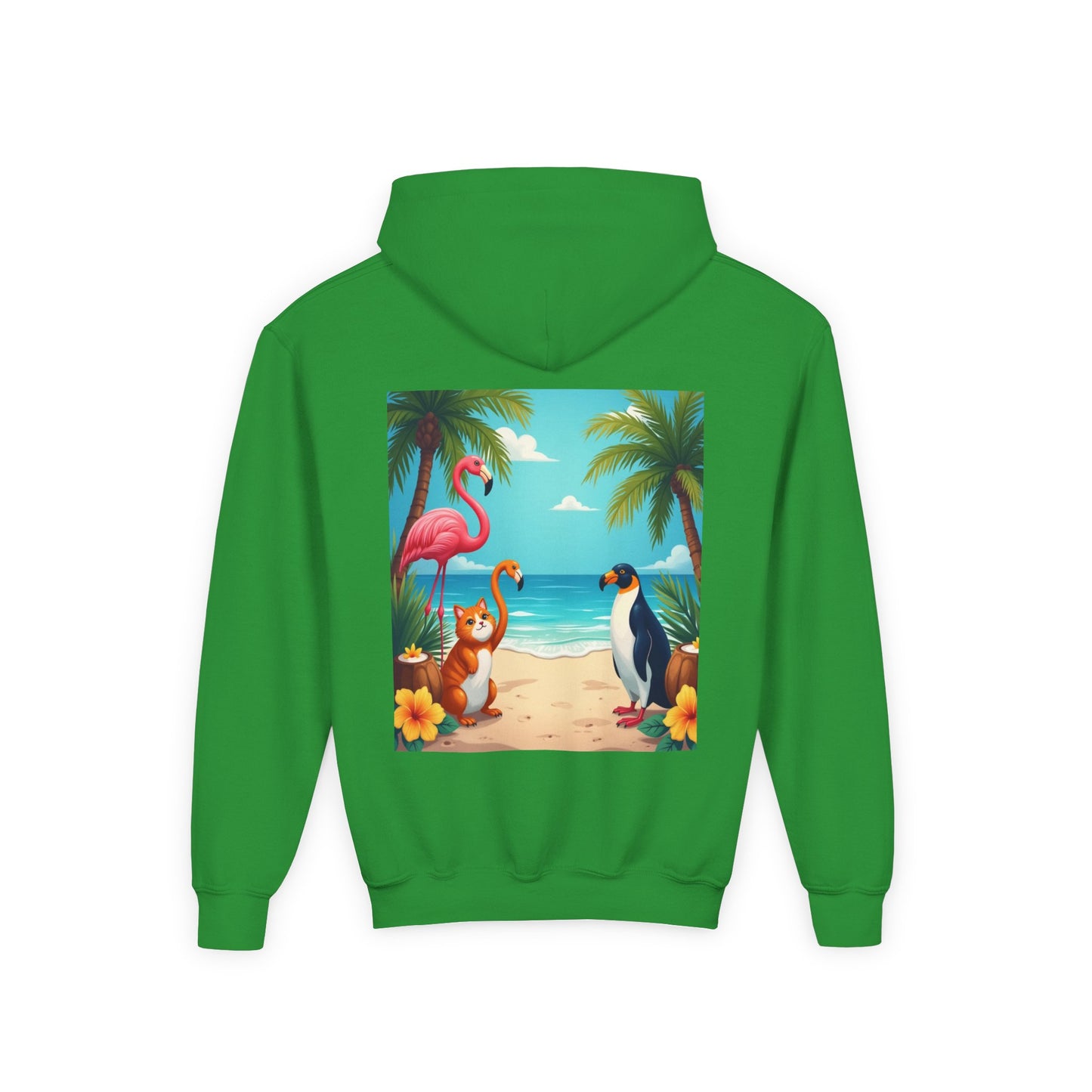 Copy of Tropical Youth Hoodie with Flamingos and Beach Scene, Summer Gift for Kids, Fun Vacation Apparel, Cute Animal Sweatshirt, Beach Party Outfit