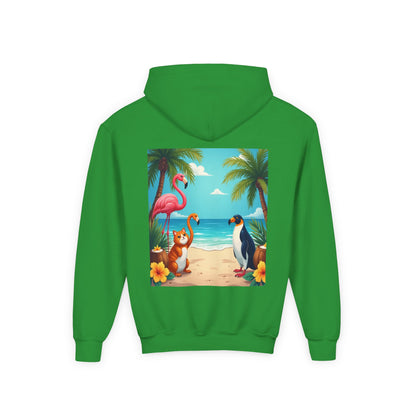 Copy of Tropical Youth Hoodie with Flamingos and Beach Scene, Summer Gift for Kids, Fun Vacation Apparel, Cute Animal Sweatshirt, Beach Party Outfit
