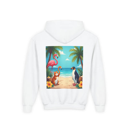 Tropical Youth Hoodie with Flamingos and Beach Scene, Summer Gift for Kids, Fun Vacation Apparel, Cute Animal Sweatshirt, Beach Party Outfit