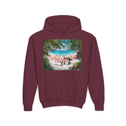 Tropical Youth Hoodie with Flamingos and Beach Scene, Summer Gift for Kids, Fun Vacation Apparel, Cute Animal Sweatshirt, Beach Party Outfit