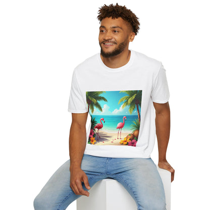 Tropical Flamingo T-Shirt, Unisex Summer Tee, Beach Vibes Apparel, Vacation Wear, Gift for Nature Lovers, Casual Style, Fun Tee