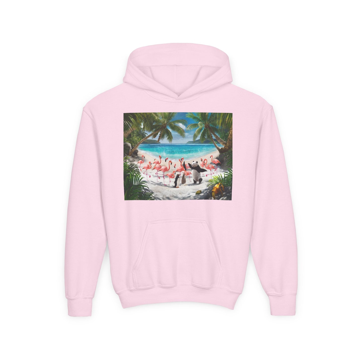 Copy of Tropical Youth Hoodie with Flamingos and Beach Scene, Summer Gift for Kids, Fun Vacation Apparel, Cute Animal Sweatshirt, Beach Party Outfit