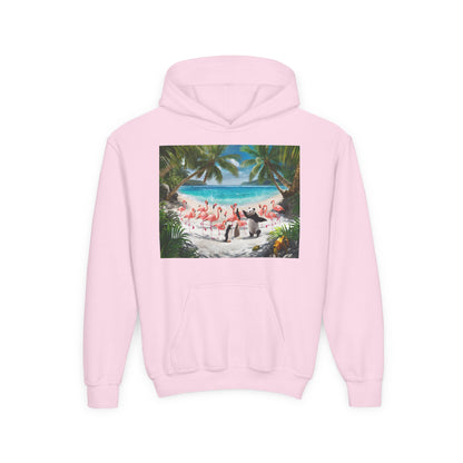 Copy of Tropical Youth Hoodie with Flamingos and Beach Scene, Summer Gift for Kids, Fun Vacation Apparel, Cute Animal Sweatshirt, Beach Party Outfit