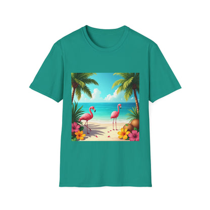 Tropical Flamingo T-Shirt, Unisex Summer Tee, Beach Vibes Apparel, Vacation Wear, Gift for Nature Lovers, Casual Style, Fun Tee