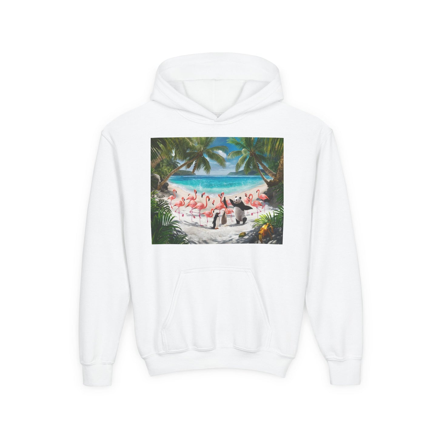 Tropical Youth Hoodie with Flamingos and Beach Scene, Summer Gift for Kids, Fun Vacation Apparel, Cute Animal Sweatshirt, Beach Party Outfit
