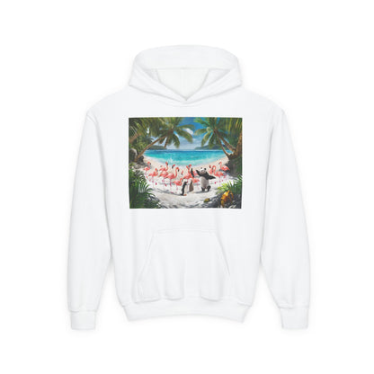 Tropical Youth Hoodie with Flamingos and Beach Scene, Summer Gift for Kids, Fun Vacation Apparel, Cute Animal Sweatshirt, Beach Party Outfit