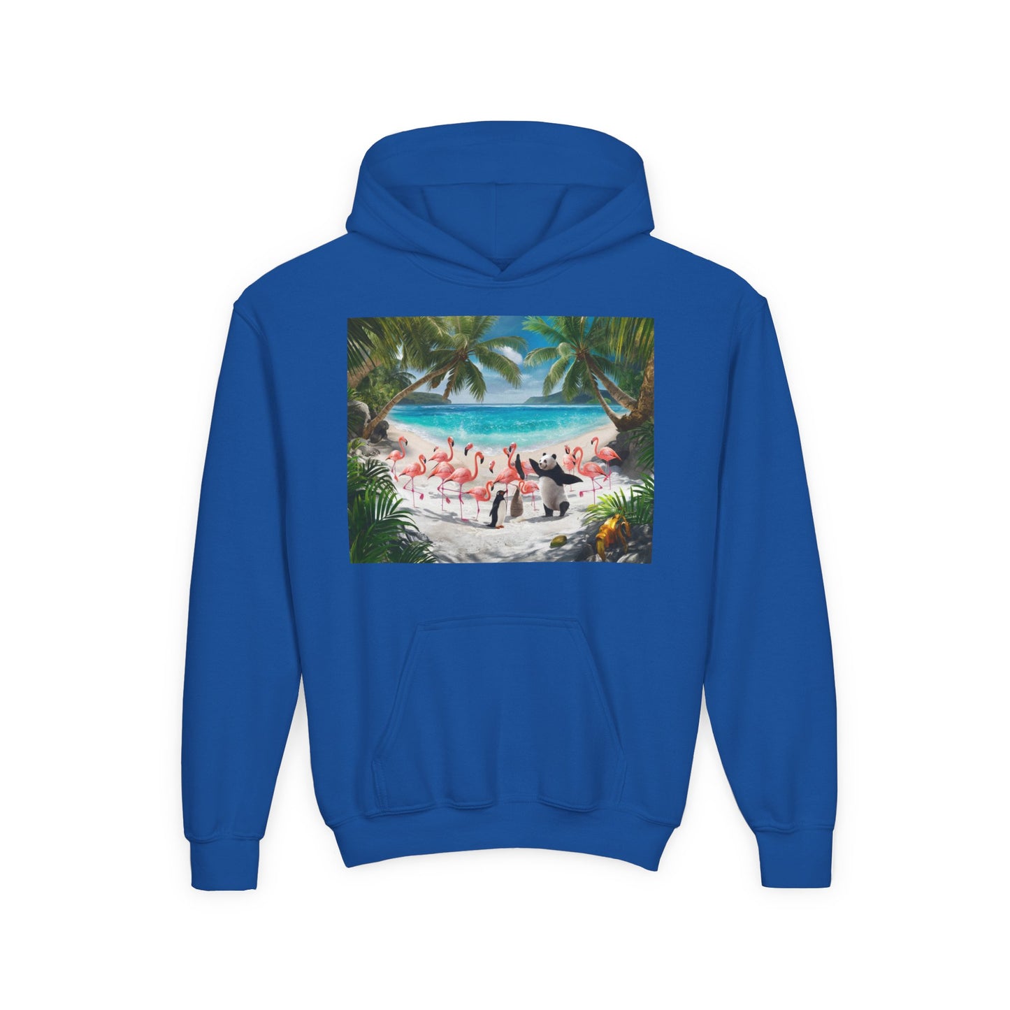 Tropical Youth Hoodie with Flamingos and Beach Scene, Summer Gift for Kids, Fun Vacation Apparel, Cute Animal Sweatshirt, Beach Party Outfit