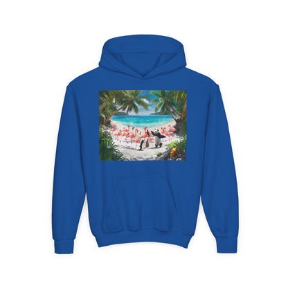 Tropical Youth Hoodie with Flamingos and Beach Scene, Summer Gift for Kids, Fun Vacation Apparel, Cute Animal Sweatshirt, Beach Party Outfit