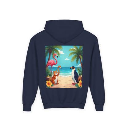 Tropical Youth Hoodie with Flamingos and Beach Scene, Summer Gift for Kids, Fun Vacation Apparel, Cute Animal Sweatshirt, Beach Party Outfit
