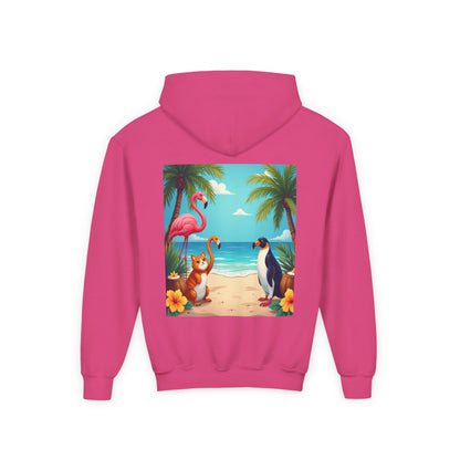 Copy of Tropical Youth Hoodie with Flamingos and Beach Scene, Summer Gift for Kids, Fun Vacation Apparel, Cute Animal Sweatshirt, Beach Party Outfit