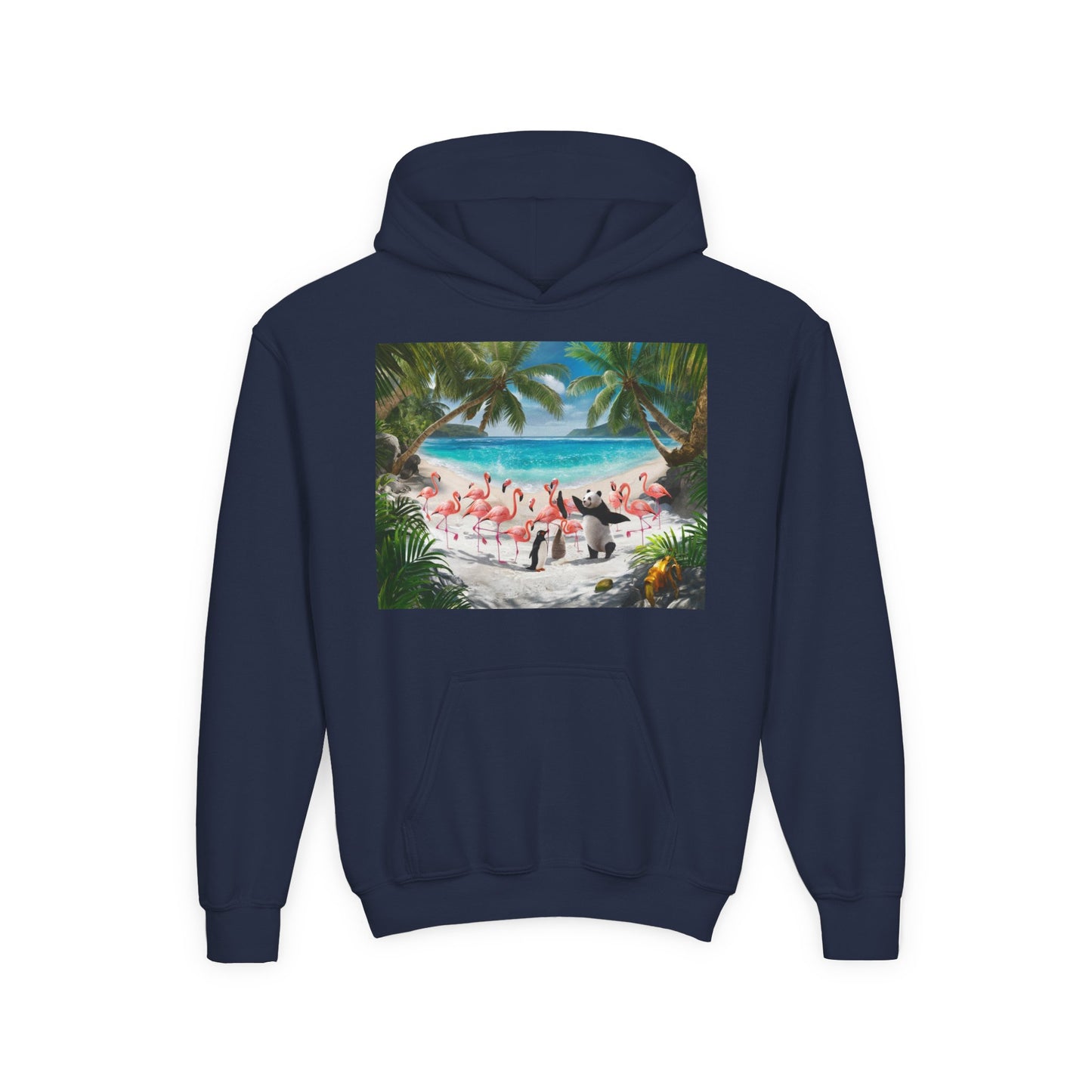 Tropical Youth Hoodie with Flamingos and Beach Scene, Summer Gift for Kids, Fun Vacation Apparel, Cute Animal Sweatshirt, Beach Party Outfit