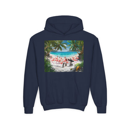 Tropical Youth Hoodie with Flamingos and Beach Scene, Summer Gift for Kids, Fun Vacation Apparel, Cute Animal Sweatshirt, Beach Party Outfit