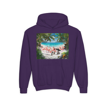 Tropical Youth Hoodie with Flamingos and Beach Scene, Summer Gift for Kids, Fun Vacation Apparel, Cute Animal Sweatshirt, Beach Party Outfit