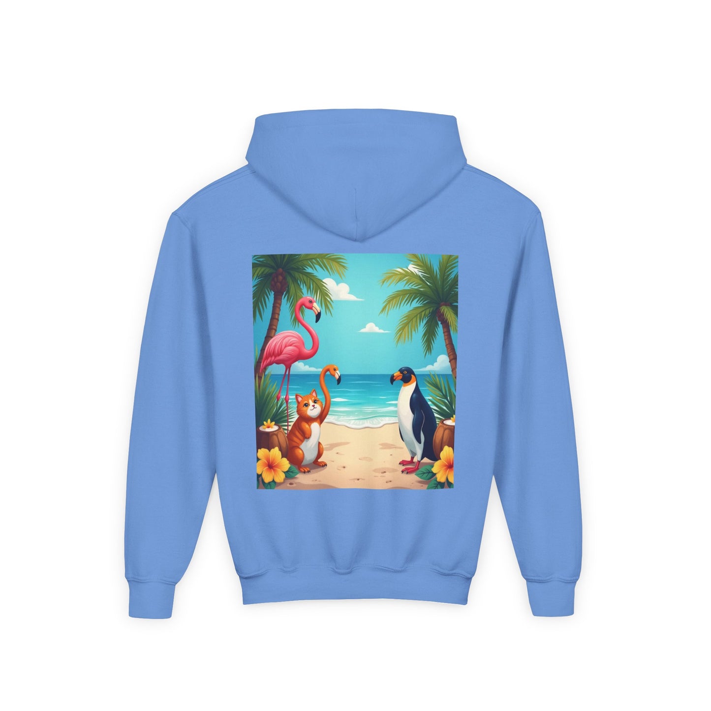 Copy of Tropical Youth Hoodie with Flamingos and Beach Scene, Summer Gift for Kids, Fun Vacation Apparel, Cute Animal Sweatshirt, Beach Party Outfit