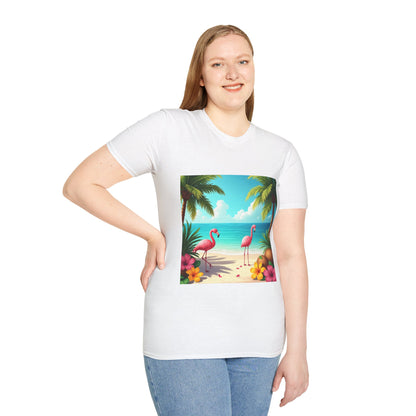 Tropical Flamingo T-Shirt, Unisex Summer Tee, Beach Vibes Apparel, Vacation Wear, Gift for Nature Lovers, Casual Style, Fun Tee