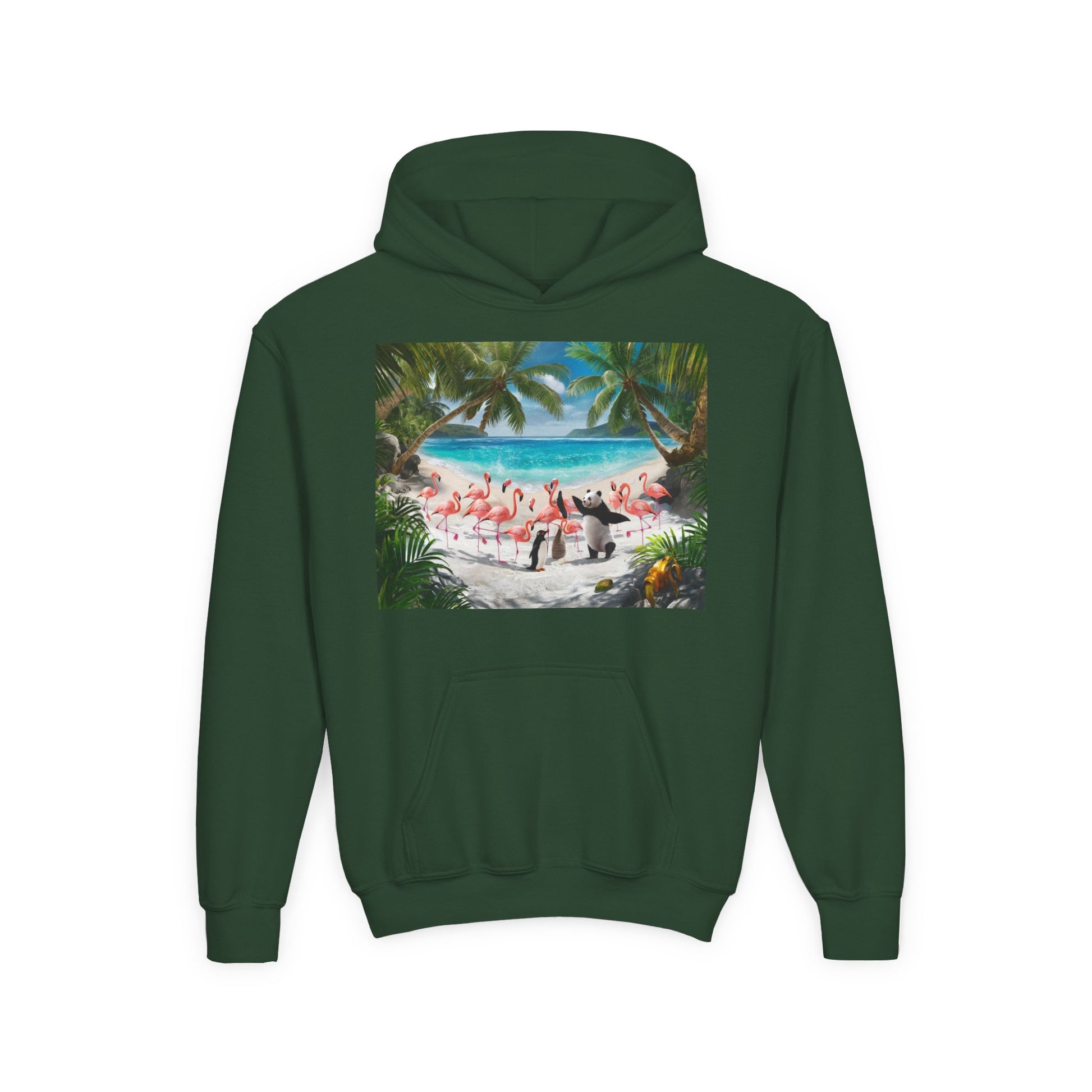 Tropical Youth Hoodie with Flamingos and Beach Scene, Summer Gift for Kids, Fun Vacation Apparel, Cute Animal Sweatshirt, Beach Party Outfit