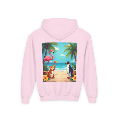 Copy of Tropical Youth Hoodie with Flamingos and Beach Scene, Summer Gift for Kids, Fun Vacation Apparel, Cute Animal Sweatshirt, Beach Party Outfit