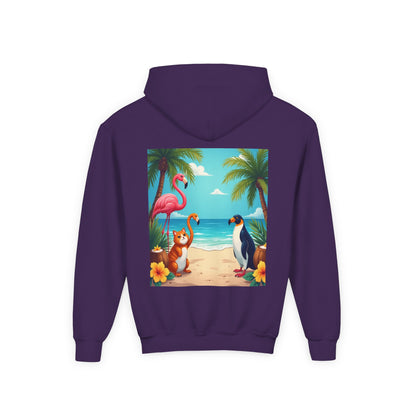 Tropical Youth Hoodie with Flamingos and Beach Scene, Summer Gift for Kids, Fun Vacation Apparel, Cute Animal Sweatshirt, Beach Party Outfit