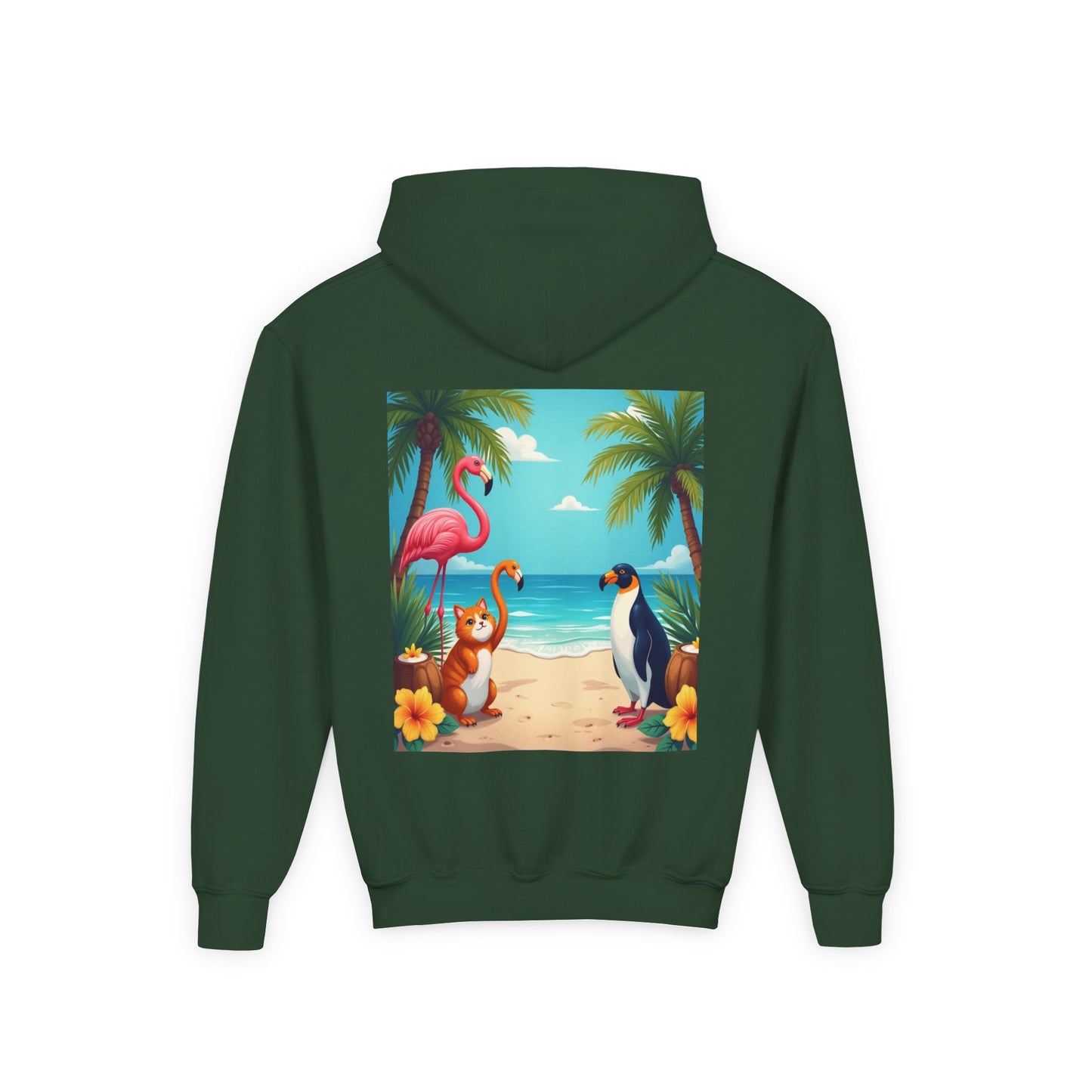 Tropical Youth Hoodie with Flamingos and Beach Scene, Summer Gift for Kids, Fun Vacation Apparel, Cute Animal Sweatshirt, Beach Party Outfit