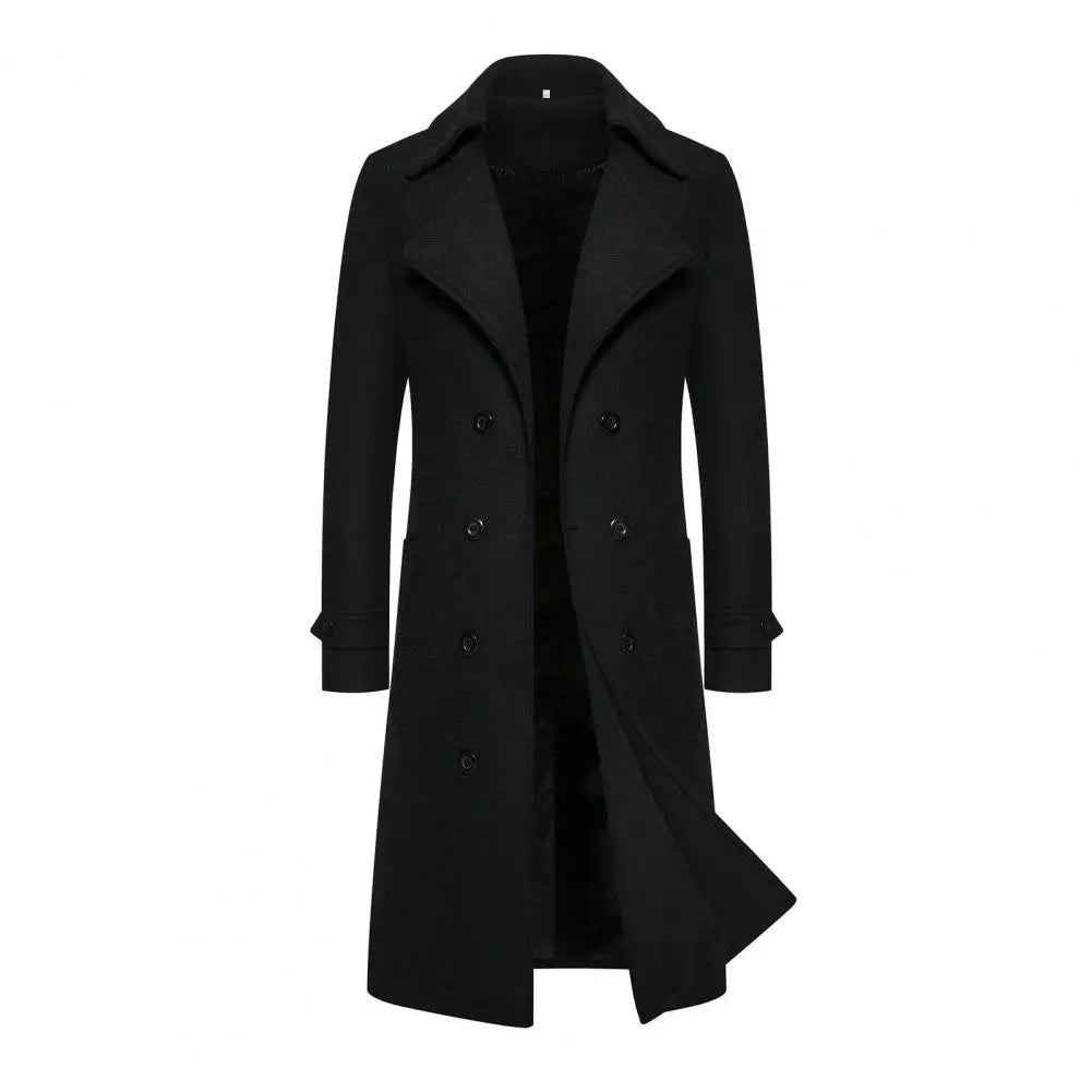 Double-breasted Coat Double-breasted Men's Overcoat Slim Fit Mid Length Long Sleeve Thick Windproof Warm Solid Color Cardigan