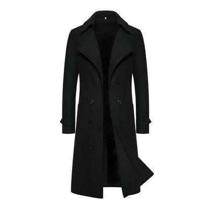 Double-breasted Coat Double-breasted Men's Overcoat Slim Fit Mid Length Long Sleeve Thick Windproof Warm Solid Color Cardigan