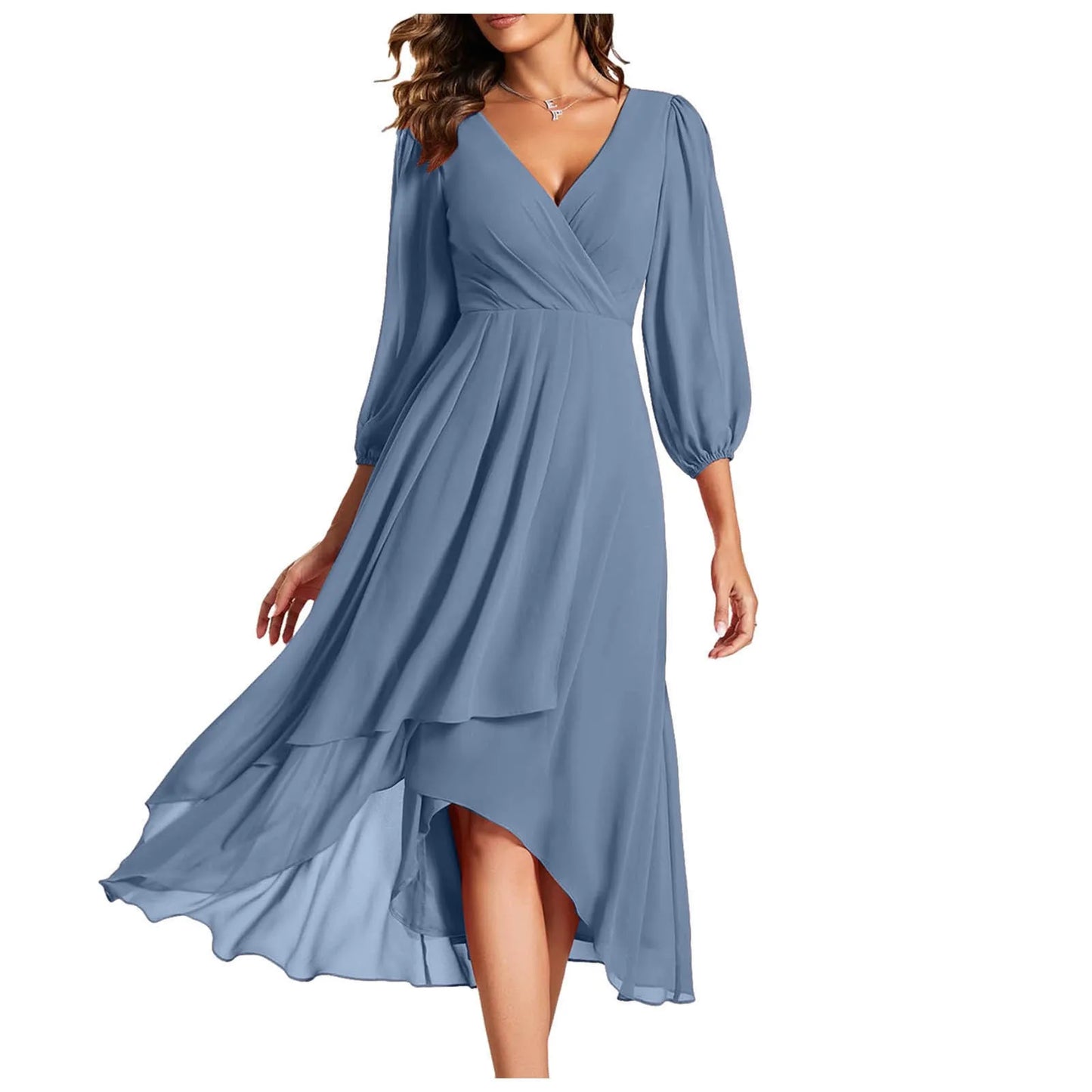 Elegant Evening Dress Long Sleeves Pleated Ruffles Knee-Length 2024 Ever Pretty Of Chiffon Navy Blue Wedding Guest Dresses
