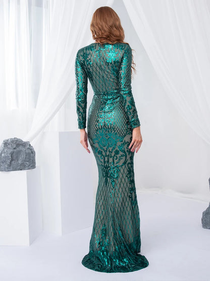 Long Sleeve Stretch Sequin Party Dress O Neck Full Lining Floor Length Evening Night Gown Emerald