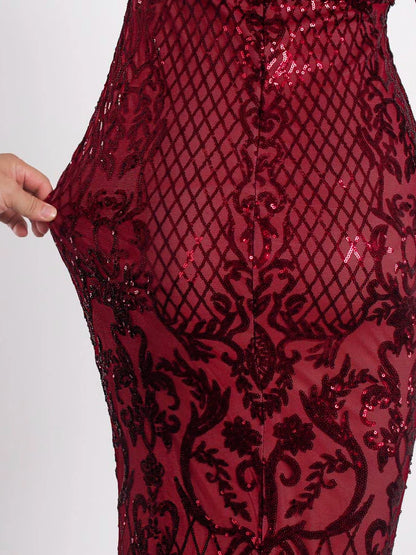 Long Sleeve Stretch Sequin Party Dress O Neck Full Lining Floor Length Evening Night Gown Emerald