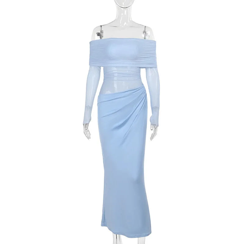 Mozision Off-shoulder Mesh See Through Sexy Maxi Dress For Women Elegant Strapless Long Sleeve Backless Bodycon Club Party Dress