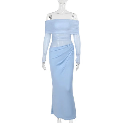 Mozision Off-shoulder Mesh See Through Sexy Maxi Dress For Women Elegant Strapless Long Sleeve Backless Bodycon Club Party Dress