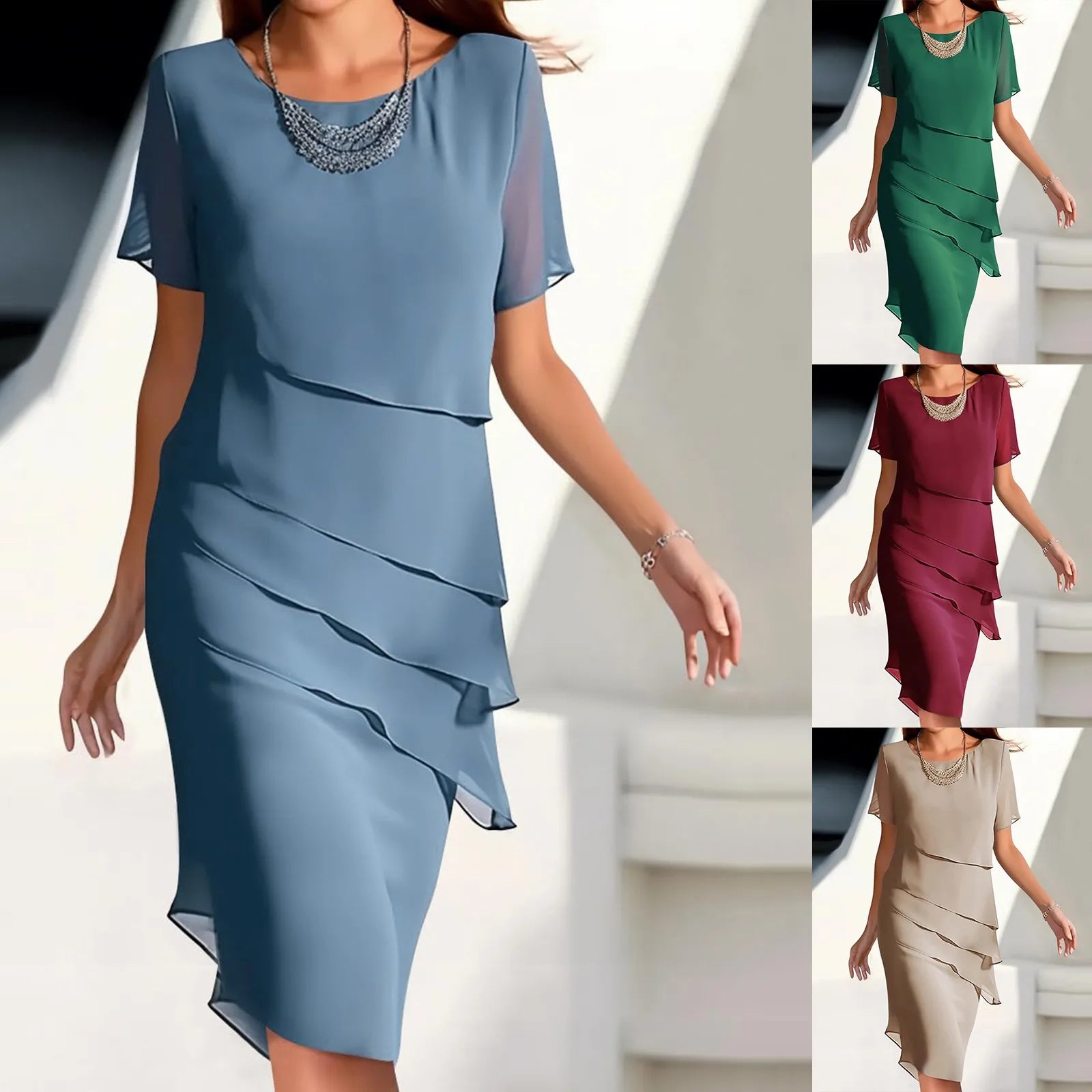 Luxury Women'S Elegant Dress Outfits Women'S Summer Dress Patchwork Chiffon Round Neck Short Vestidos De Fiesta Elegantes 2024