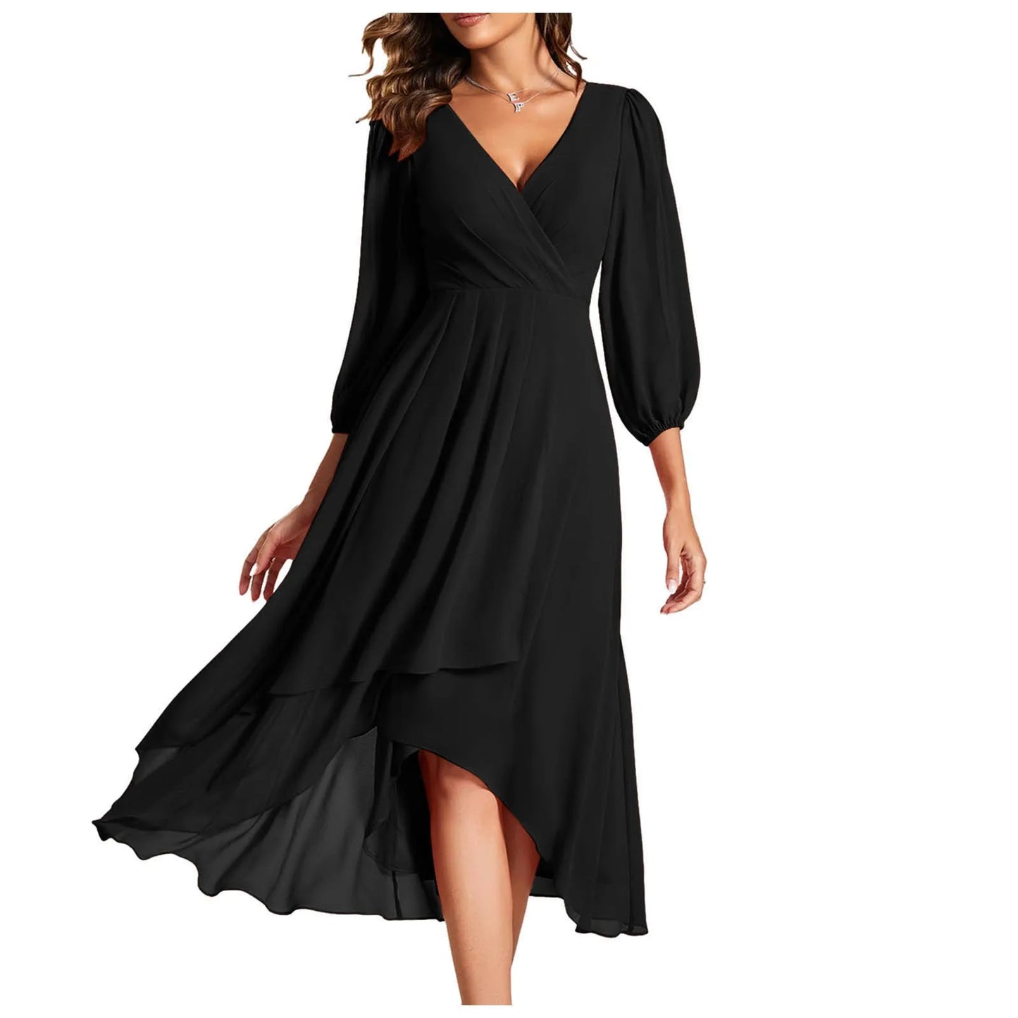 Elegant Evening Dress Long Sleeves Pleated Ruffles Knee-Length 2024 Ever Pretty Of Chiffon Navy Blue Wedding Guest Dresses