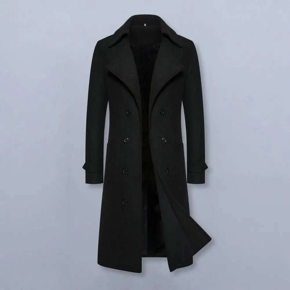 Double-breasted Coat Double-breasted Men's Overcoat Slim Fit Mid Length Long Sleeve Thick Windproof Warm Solid Color Cardigan