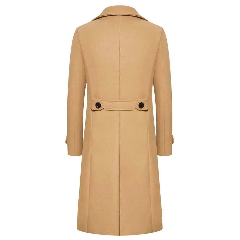 Double-breasted Coat Double-breasted Men's Overcoat Slim Fit Mid Length Long Sleeve Thick Windproof Warm Solid Color Cardigan
