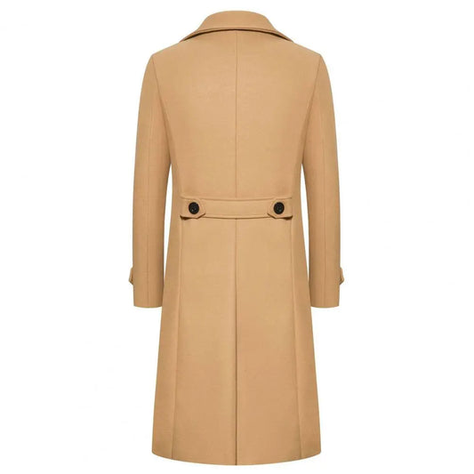 Double-breasted Coat Double-breasted Men's Overcoat Slim Fit Mid Length Long Sleeve Thick Windproof Warm Solid Color Cardigan